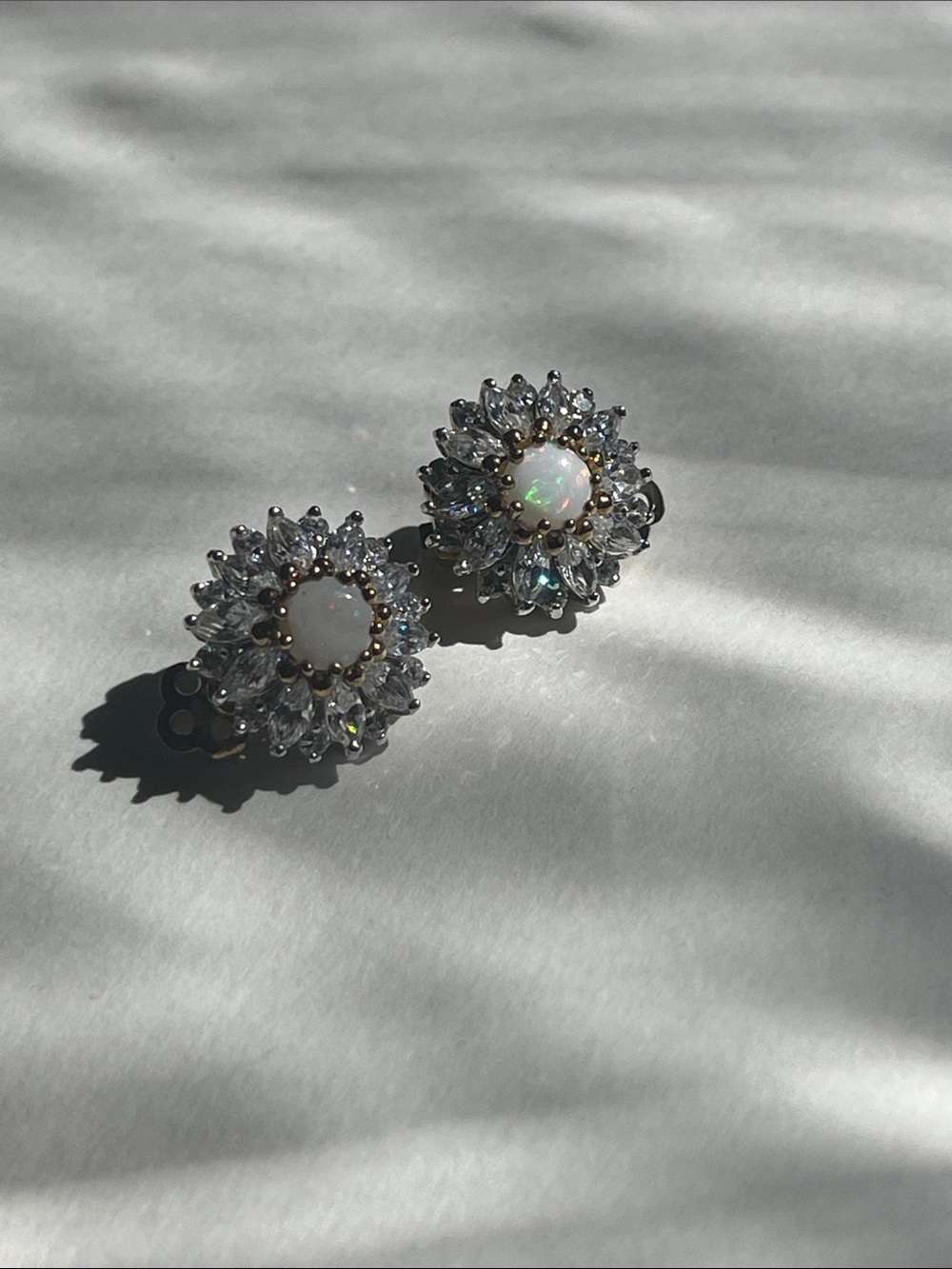 Opal earrings and Crystal Flower Cluster clip on gold plate 925 sterling